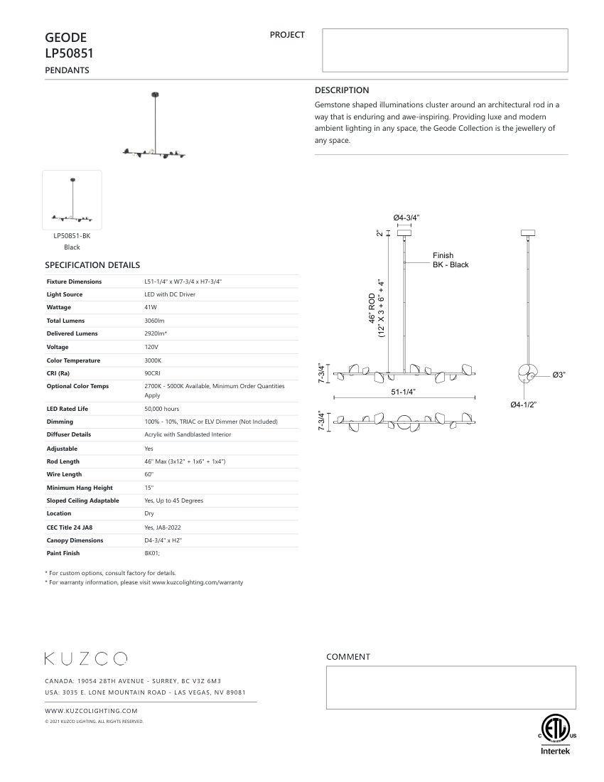 Kuzco Lighting LP50851-BK cut sheet — first page