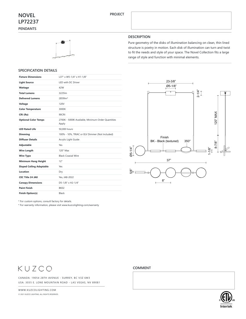 Kuzco Lighting LP72237-BK-UNV cut sheet — first page