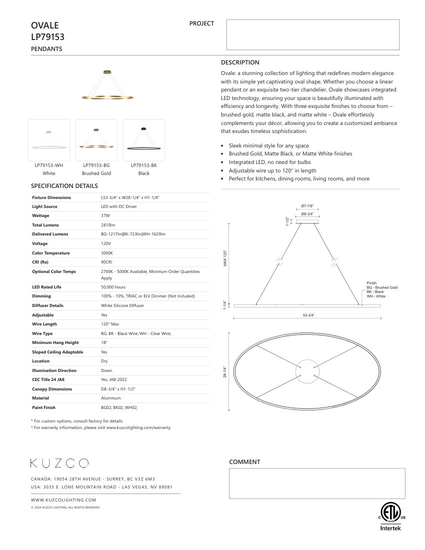 Kuzco Lighting LP79153-BG cut sheet — first page