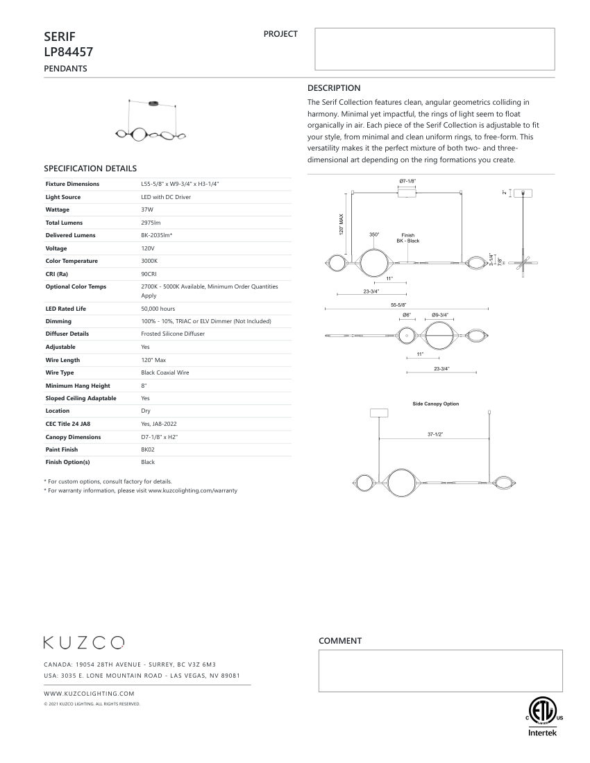 Kuzco Lighting LP84457-BK-UNV cut sheet — first page