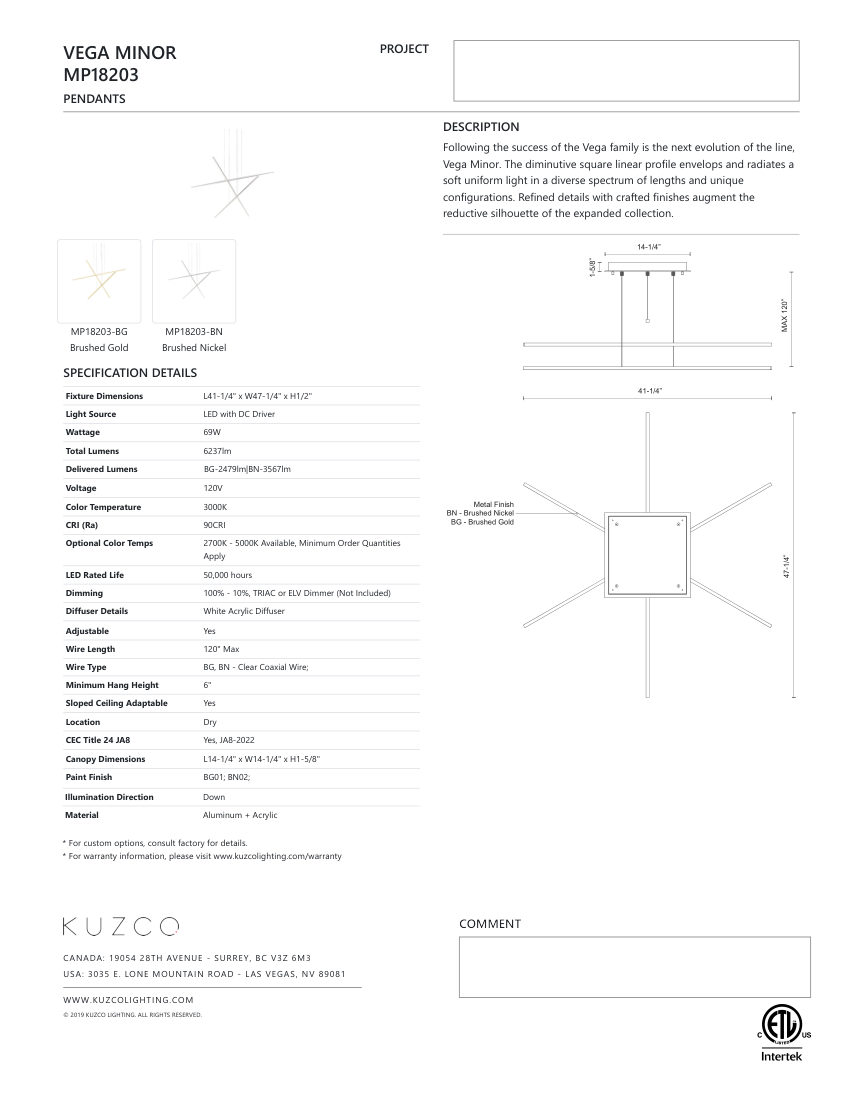 Kuzco Lighting MP18203-BK-UNV cut sheet — first page