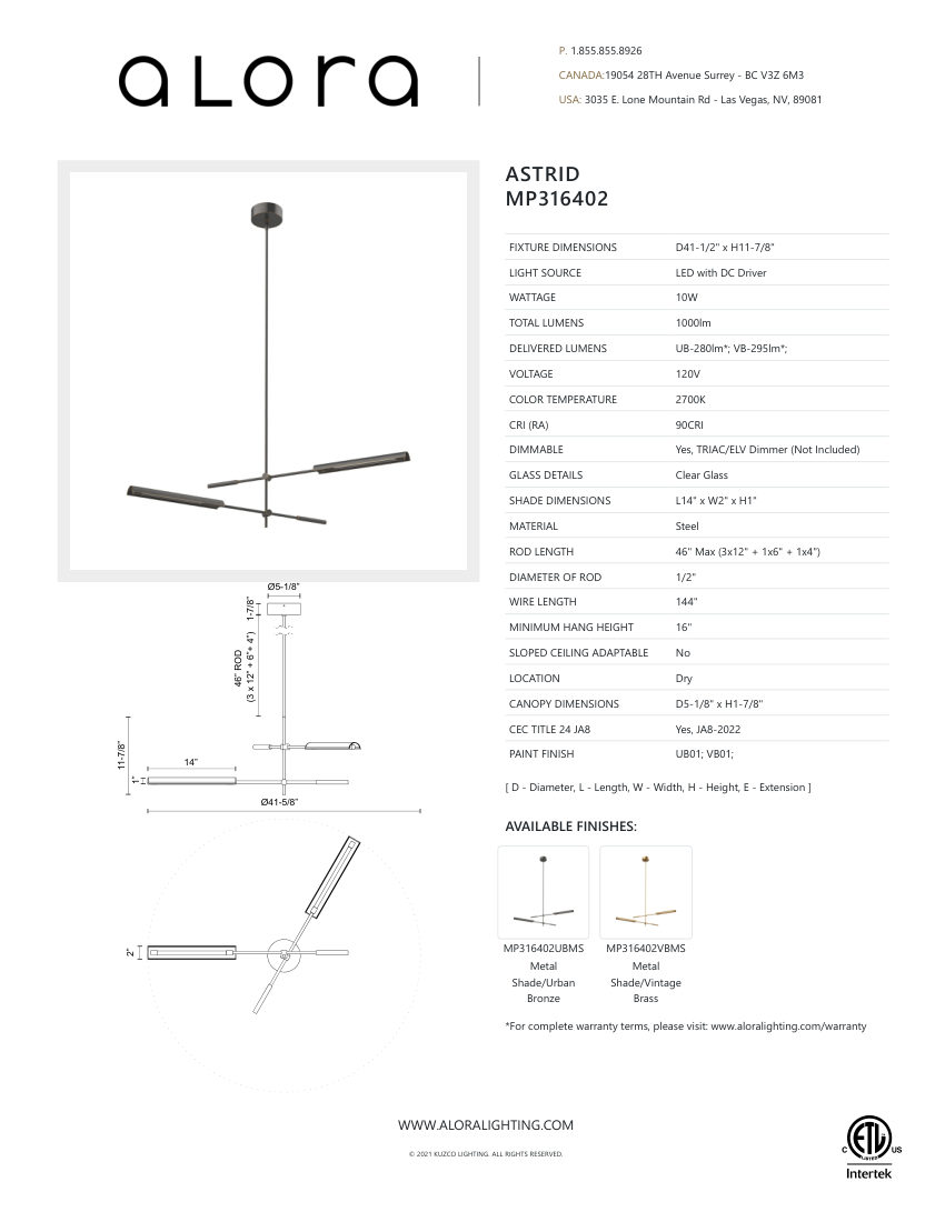 Kuzco Lighting MP316402VBMS cut sheet — first page