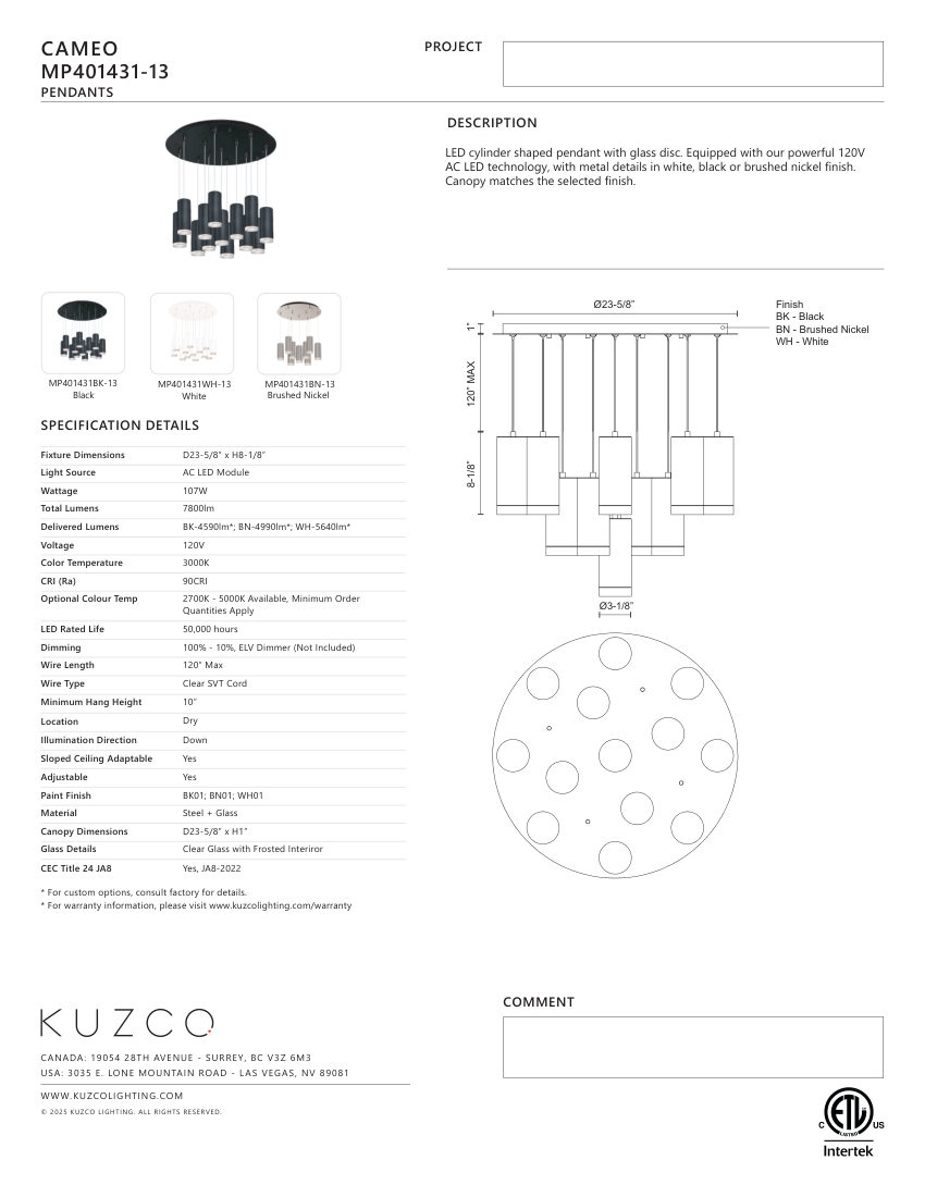 Kuzco Lighting MP401431BK-13 cut sheet — first page