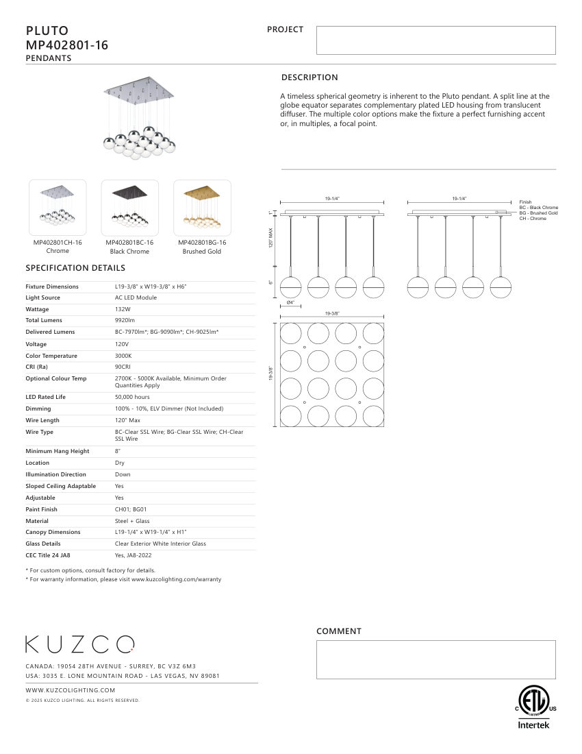 Kuzco Lighting MP402801BC-16 cut sheet — first page