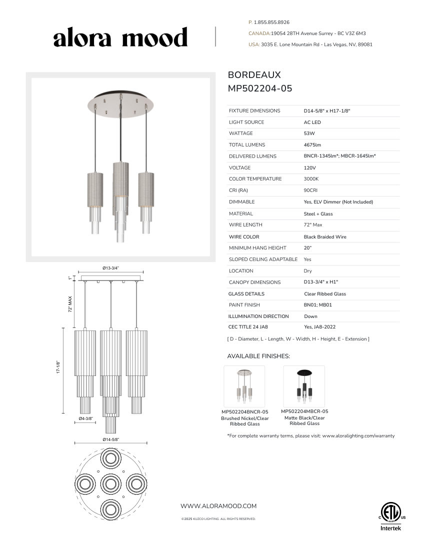 Kuzco Lighting MP502204BNCR-05 cut sheet — first page