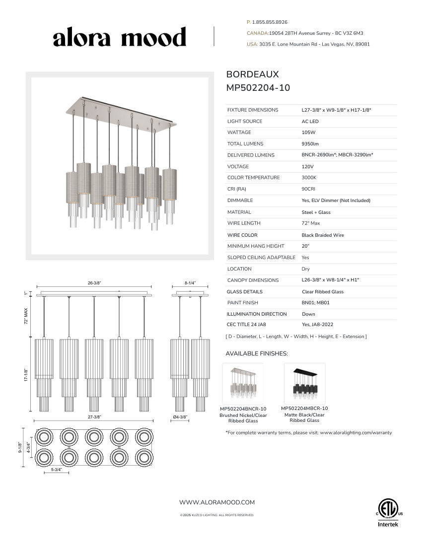 Kuzco Lighting MP502204BNCR-10 cut sheet — first page