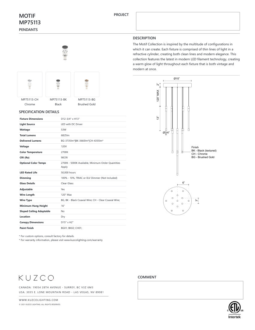 Kuzco Lighting MP75113-BG cut sheet — first page
