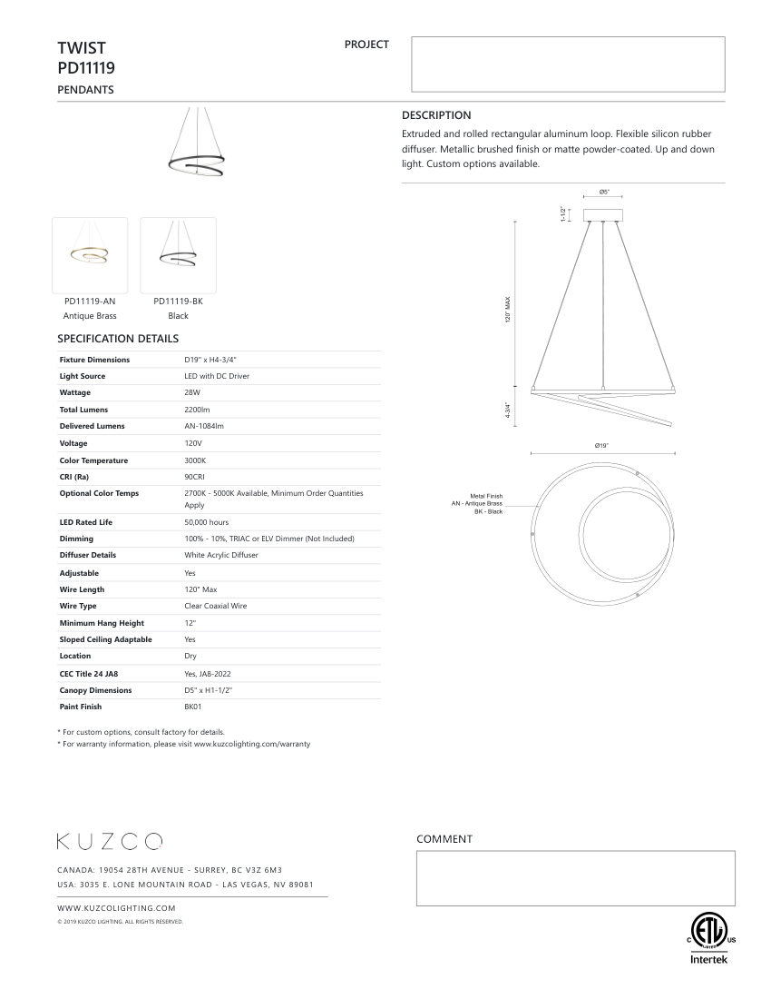 Kuzco Lighting PD11119-AN cut sheet — first page
