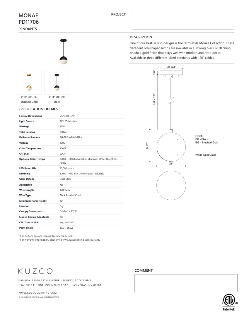 Kuzco Lighting PD11706-BK cut sheet — first page