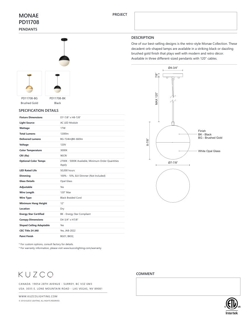 Kuzco Lighting PD11708-BK cut sheet — first page