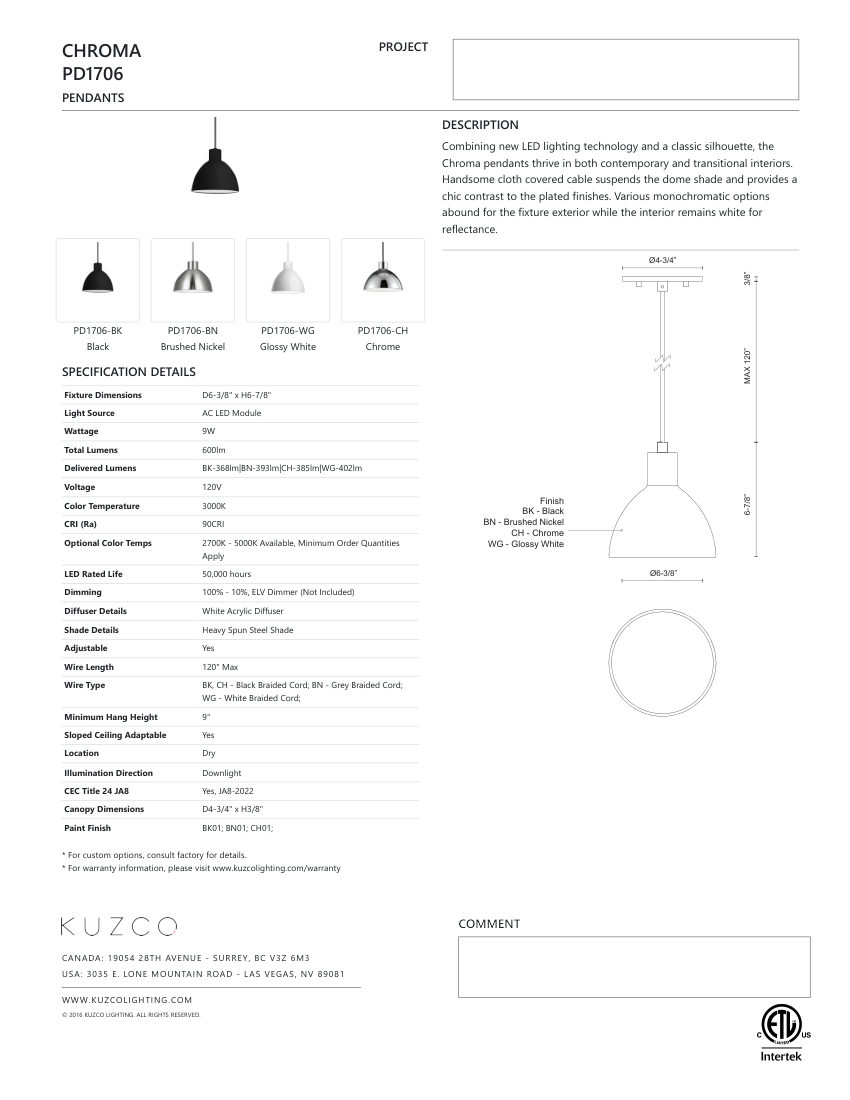 Kuzco Lighting PD1706-BK cut sheet — first page