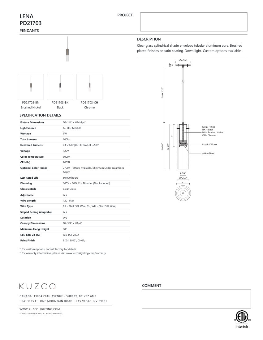 Kuzco Lighting PD21703-BK cut sheet — first page