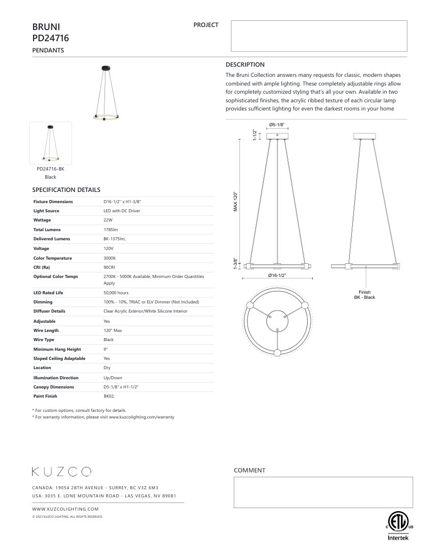 Kuzco Lighting PD24716-BK cut sheet — first page