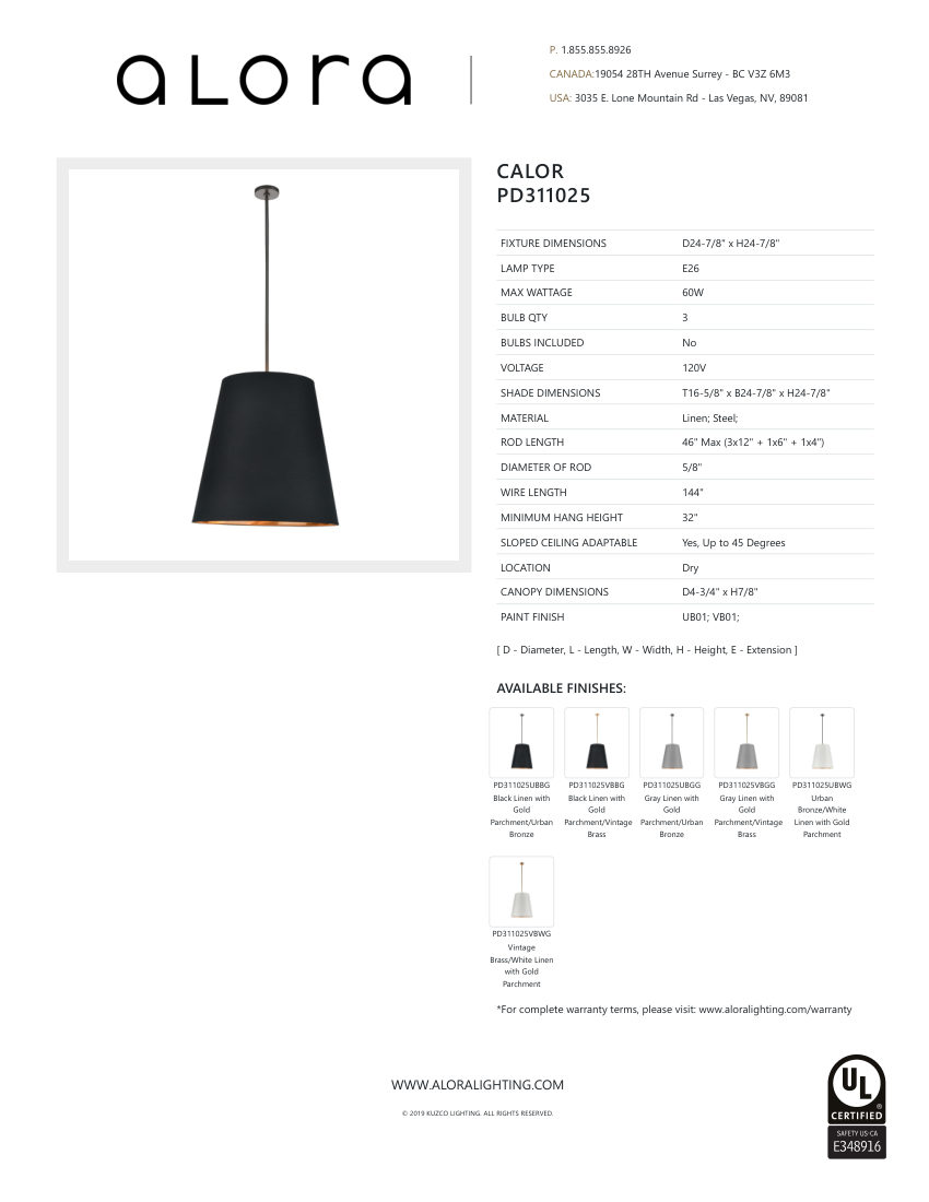 Kuzco Lighting PD311025UBBG cut sheet — first page