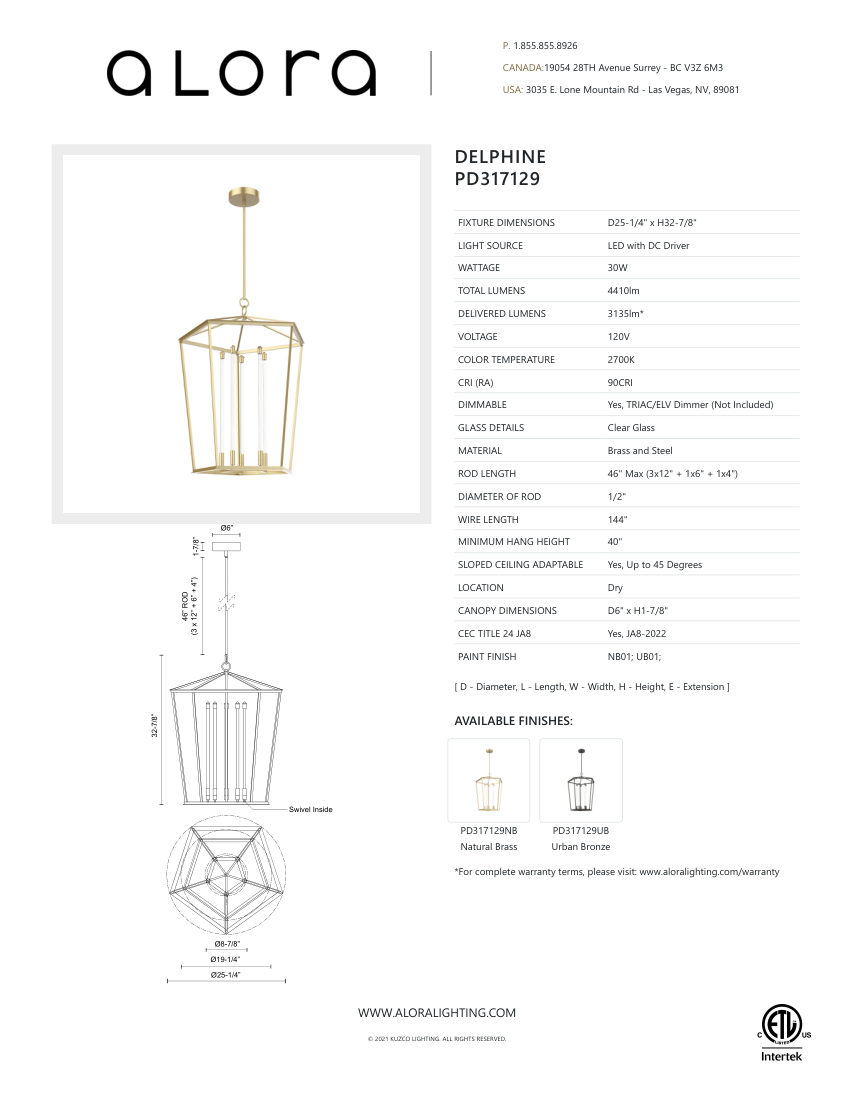 Kuzco Lighting PD317129NB cut sheet — first page