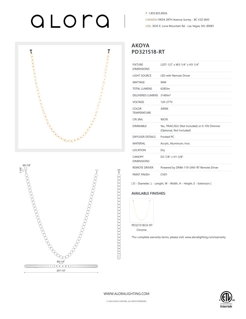 Kuzco Lighting PD321518CH-RT cut sheet — first page