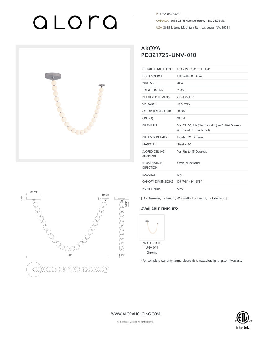Kuzco Lighting PD321725CH-UNV-010 cut sheet — first page