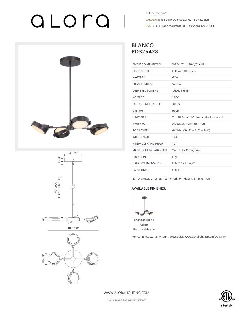 Kuzco Lighting PD325428UBAR cut sheet — first page
