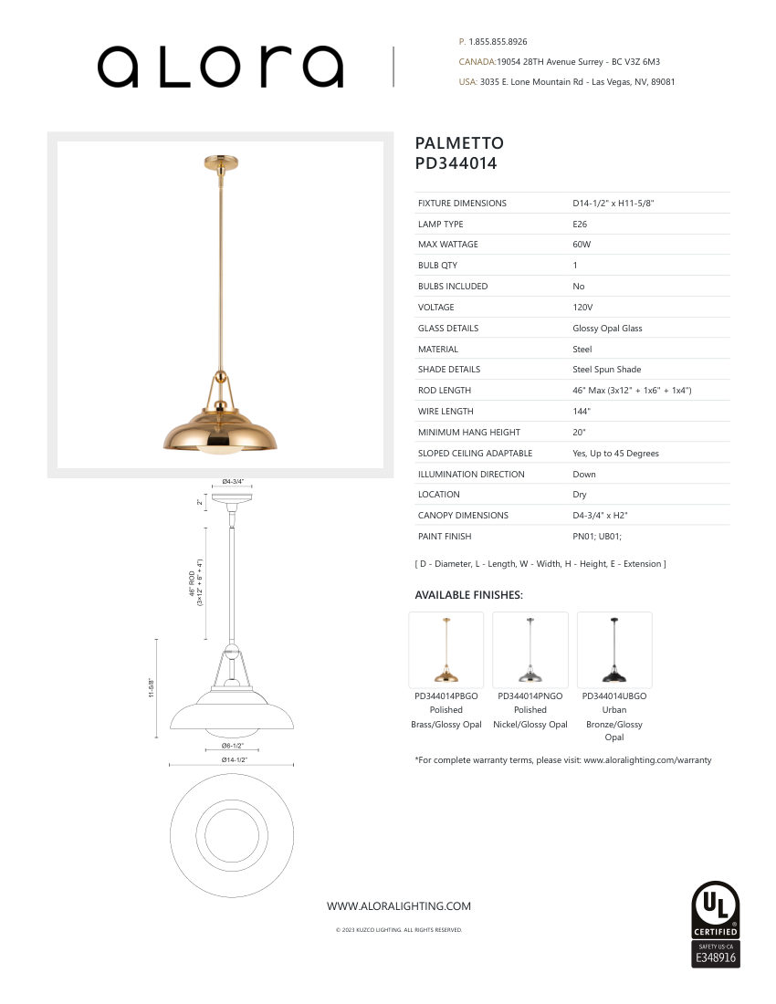 Kuzco Lighting PD344014PNGO cut sheet — first page