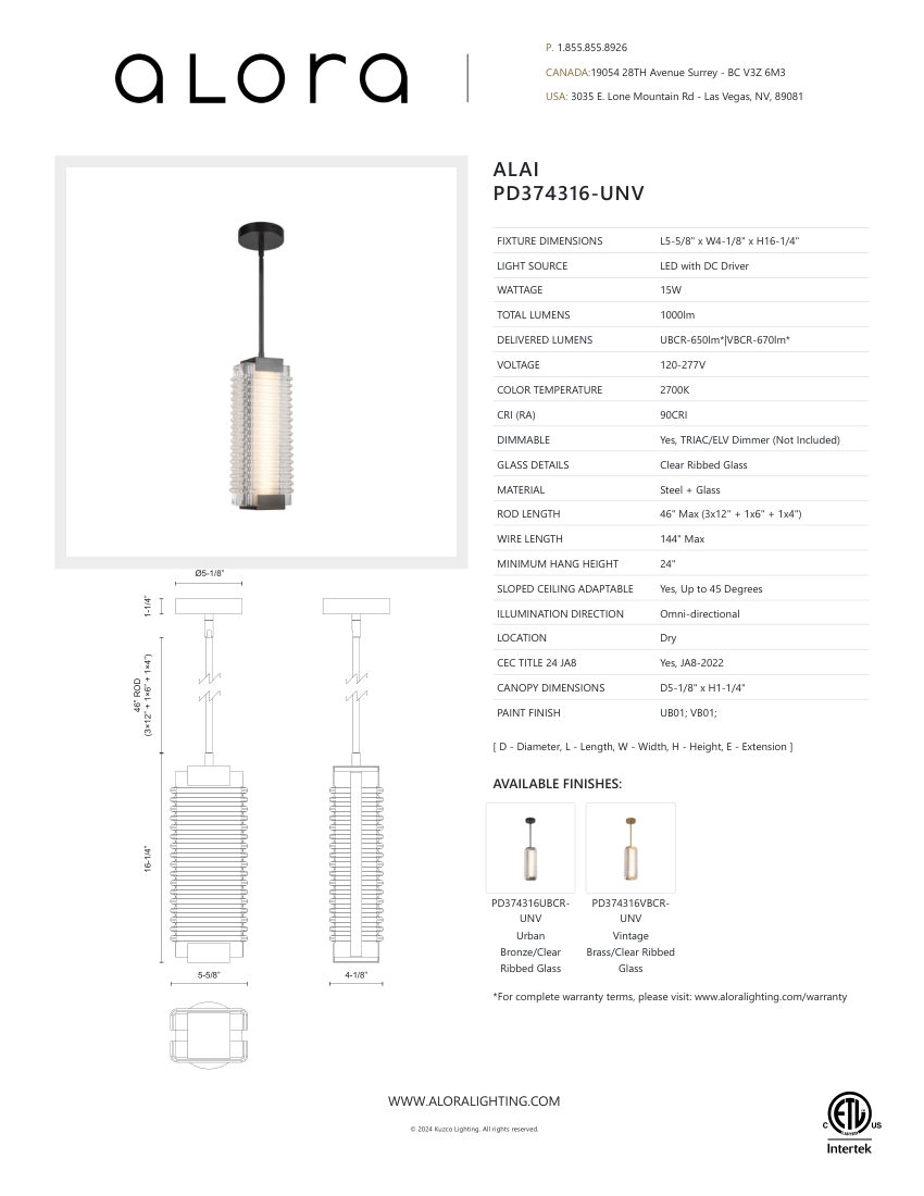 Kuzco Lighting PD374316VBCR-UNV cut sheet — first page