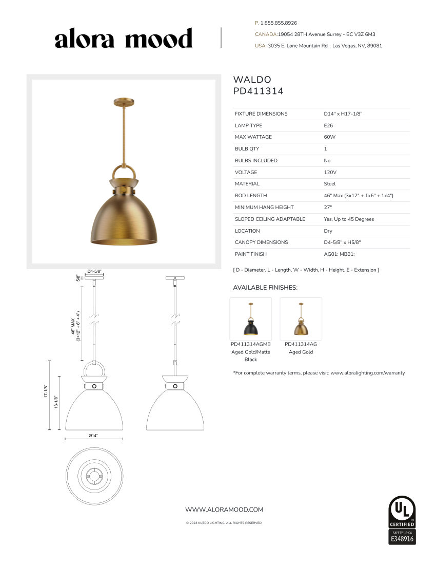Kuzco Lighting PD411314AGMB cut sheet — first page