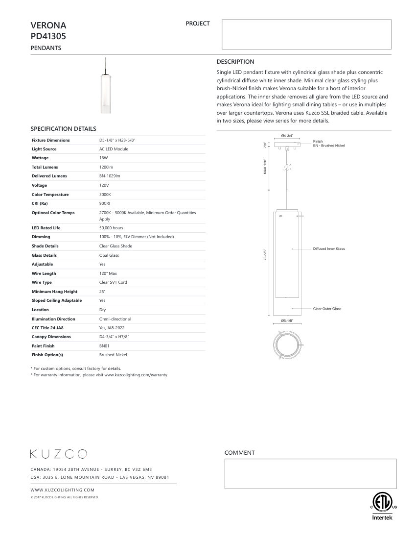 Kuzco Lighting PD41305-BN cut sheet — first page
