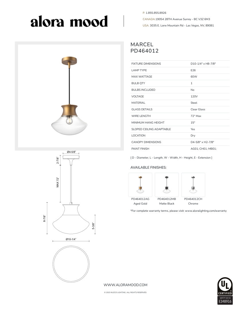Kuzco Lighting PD464012MB cut sheet — first page