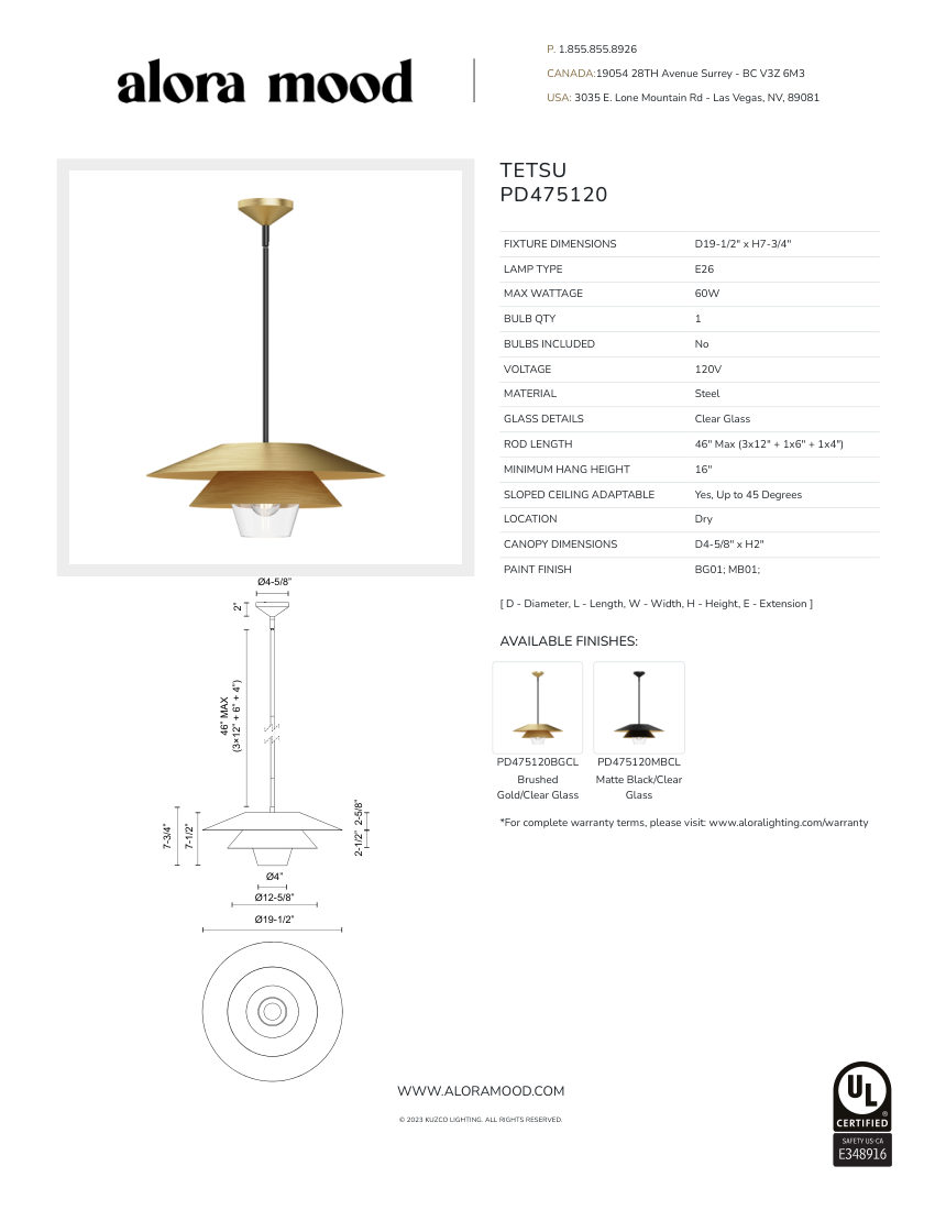 Kuzco Lighting PD475120MBCL cut sheet — first page