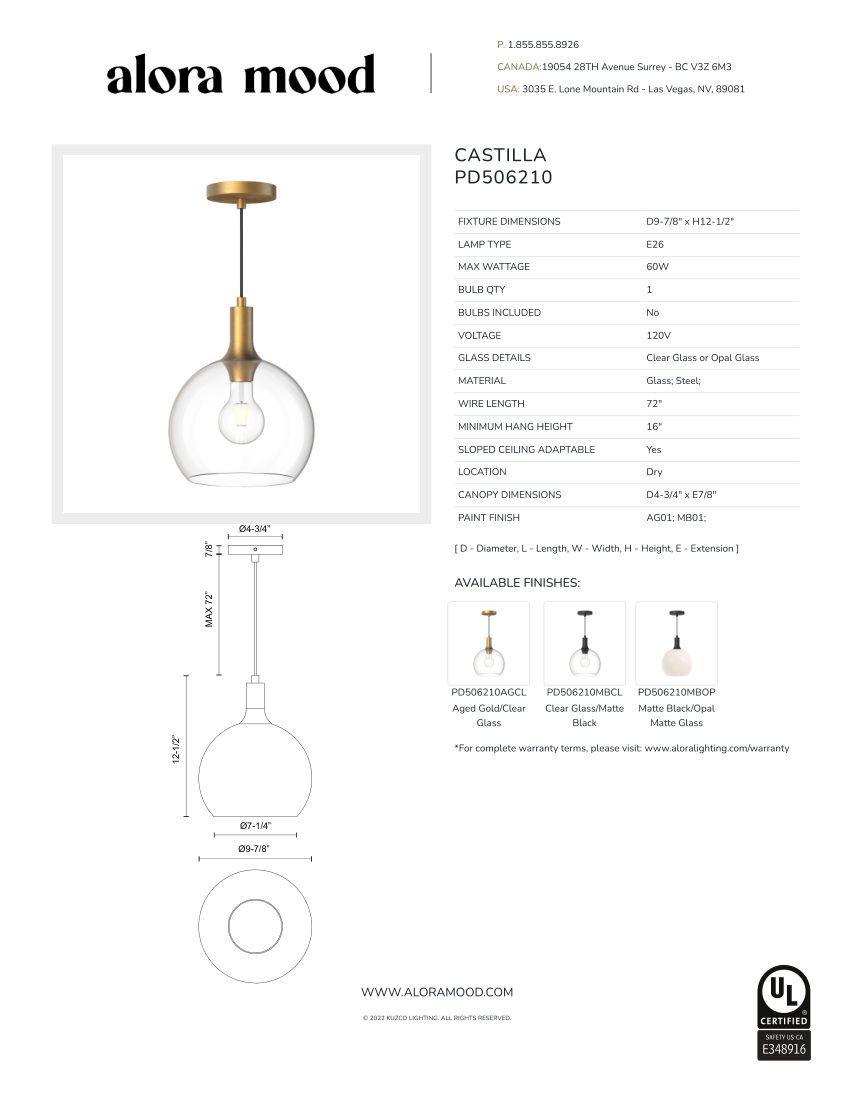 Kuzco Lighting PD506210AGCL cut sheet — first page