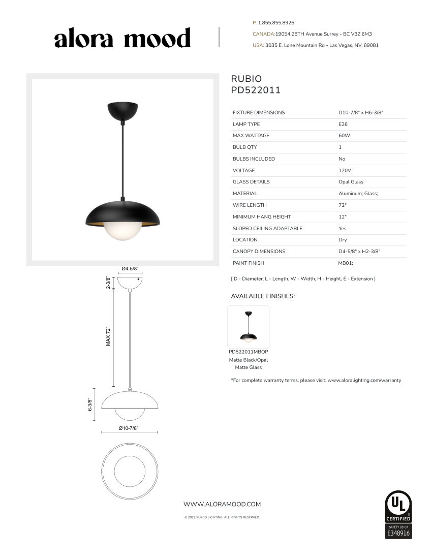 Kuzco Lighting PD522011MBOP cut sheet — first page