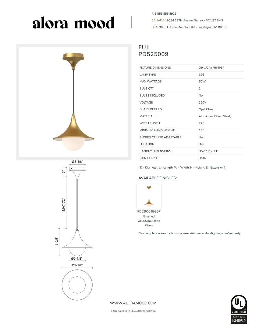 Kuzco Lighting PD525009BGOP cut sheet — first page