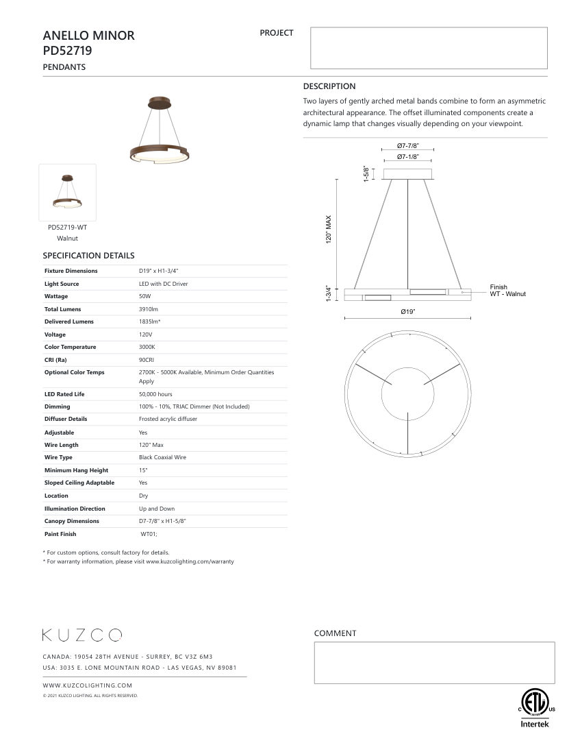 Kuzco Lighting PD52719-WT cut sheet — first page