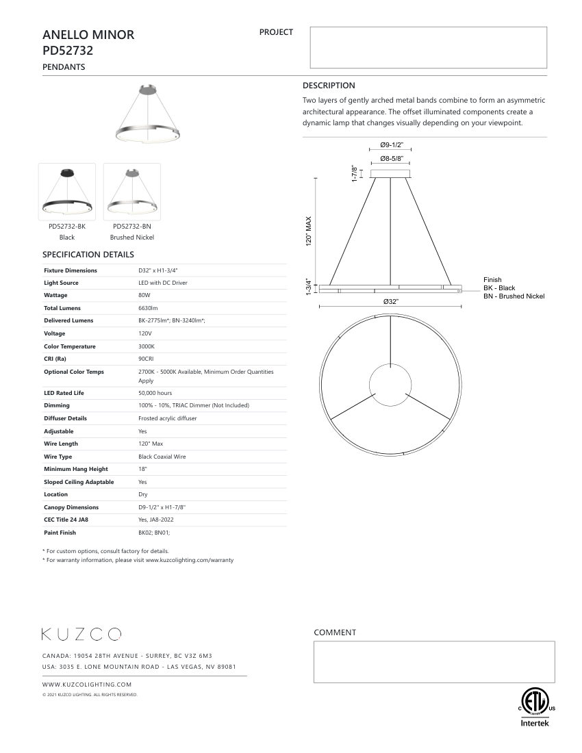 Kuzco Lighting PD52732-WT-UNV cut sheet — first page