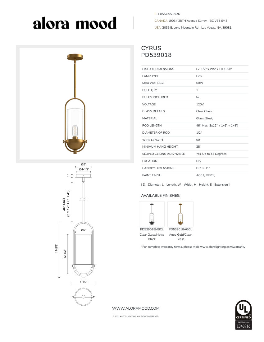 Kuzco Lighting PD539018AGCL cut sheet — first page
