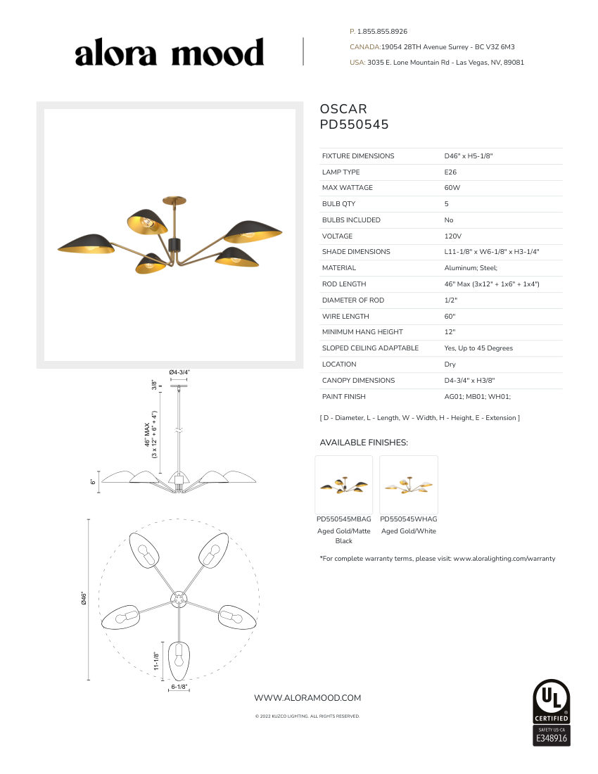 Kuzco Lighting PD550545WHAG cut sheet — first page