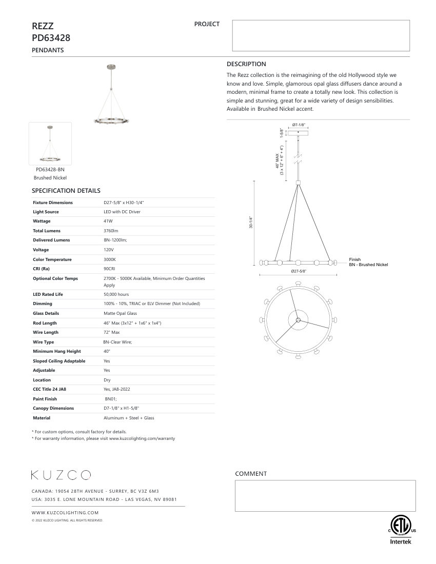 Kuzco Lighting PD63428-BK-UNV cut sheet — first page