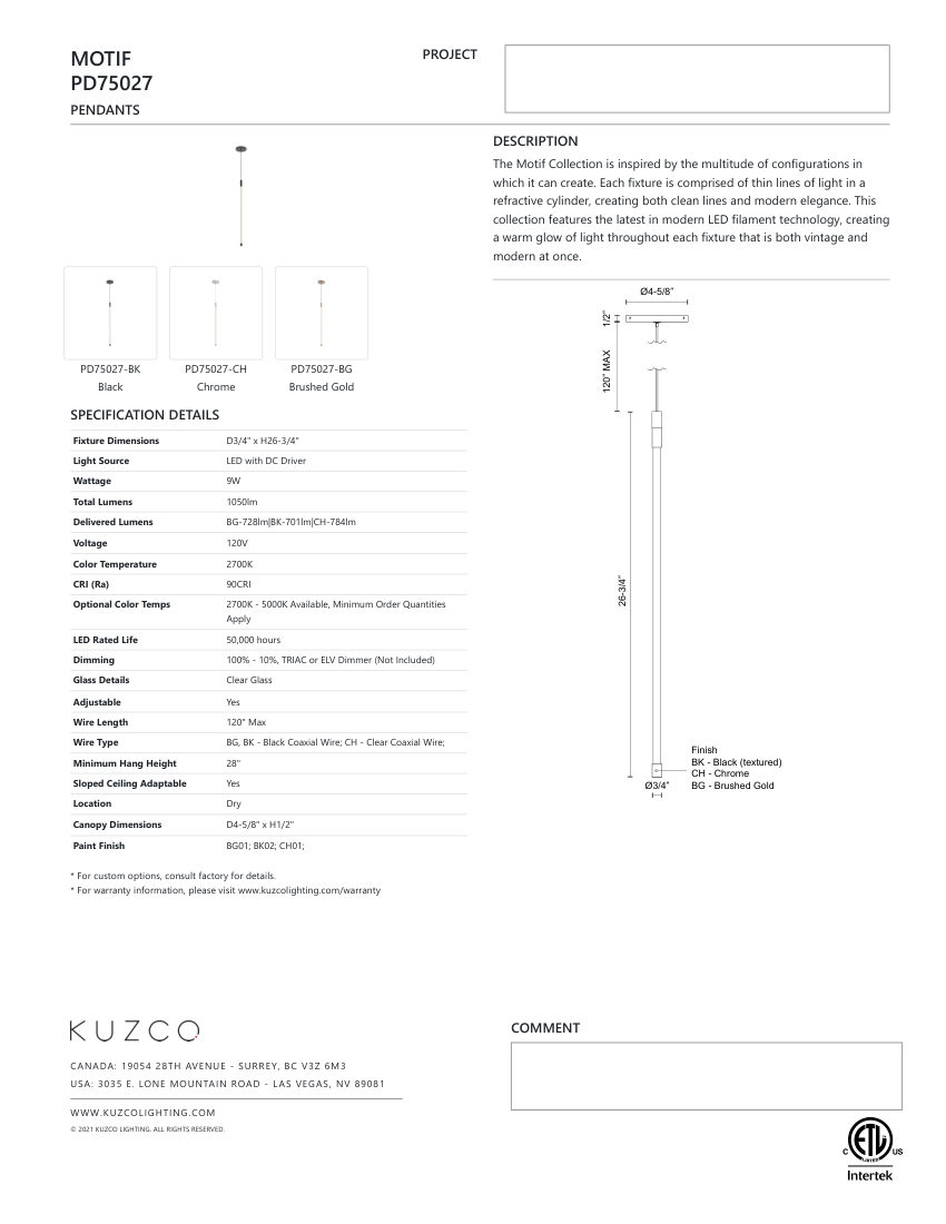 Kuzco Lighting PD75027-BG cut sheet — first page