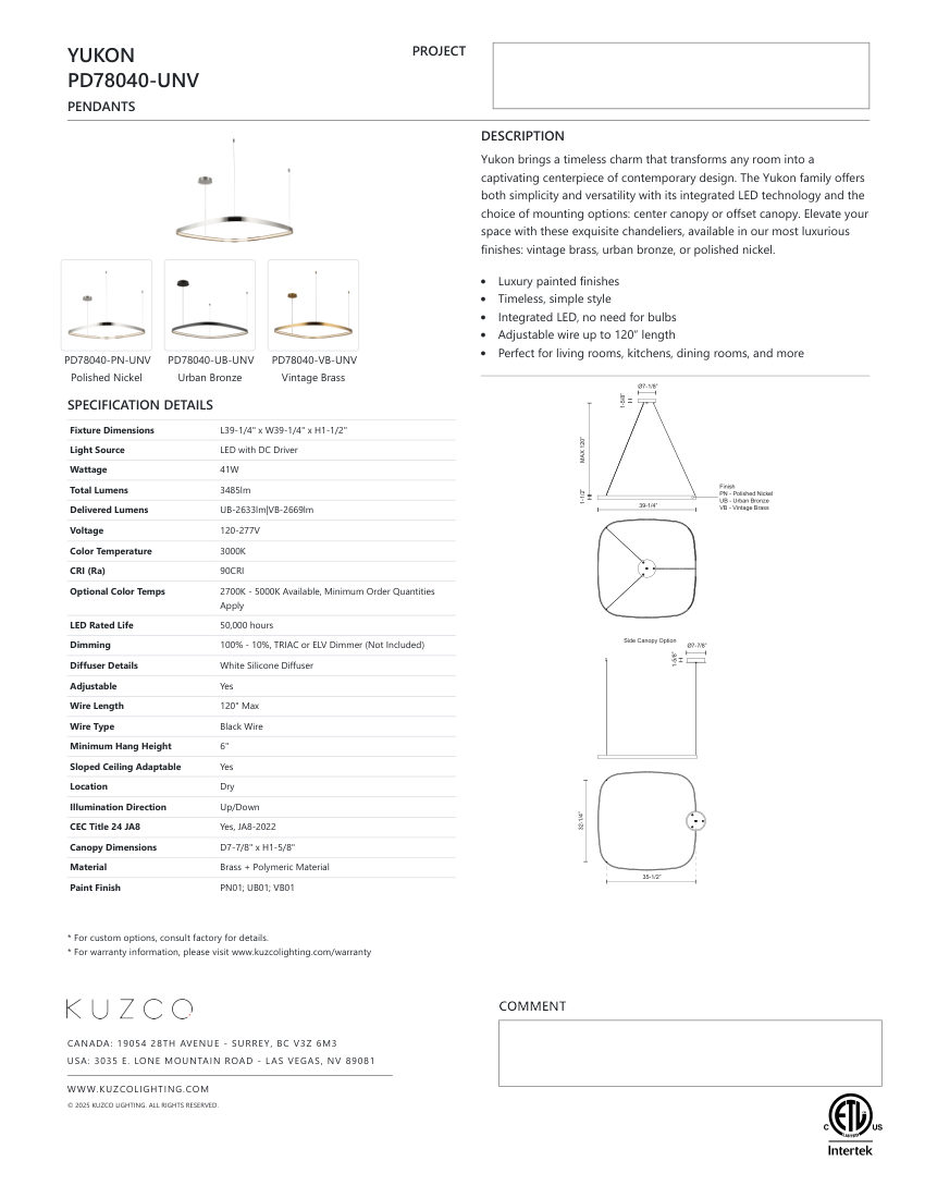 Kuzco Lighting PD78040-VB-UNV cut sheet — first page
