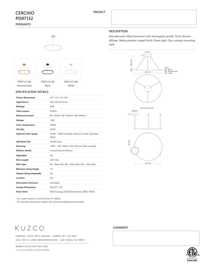 Kuzco Lighting PD87132-BK-UNV-010 cut sheet — first page