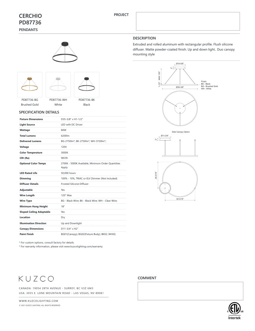 Kuzco Lighting PD87736-WH-UNV-010 cut sheet — first page