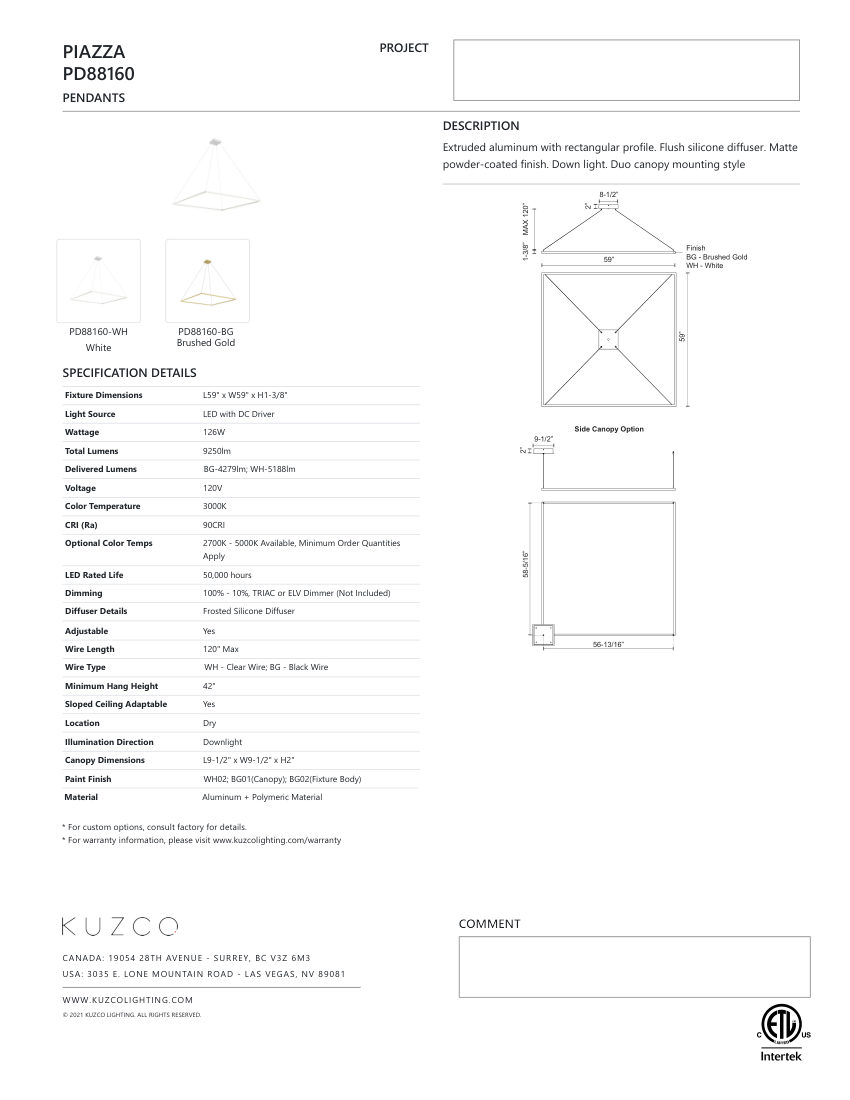 Kuzco Lighting PD88160-BK-UNV-010 cut sheet — first page