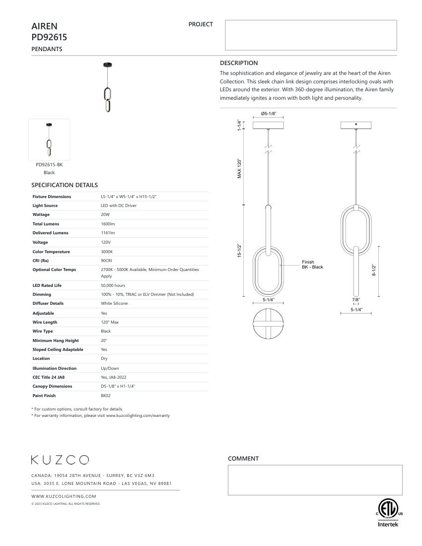 Kuzco Lighting PD92615-BK-UNV cut sheet — first page