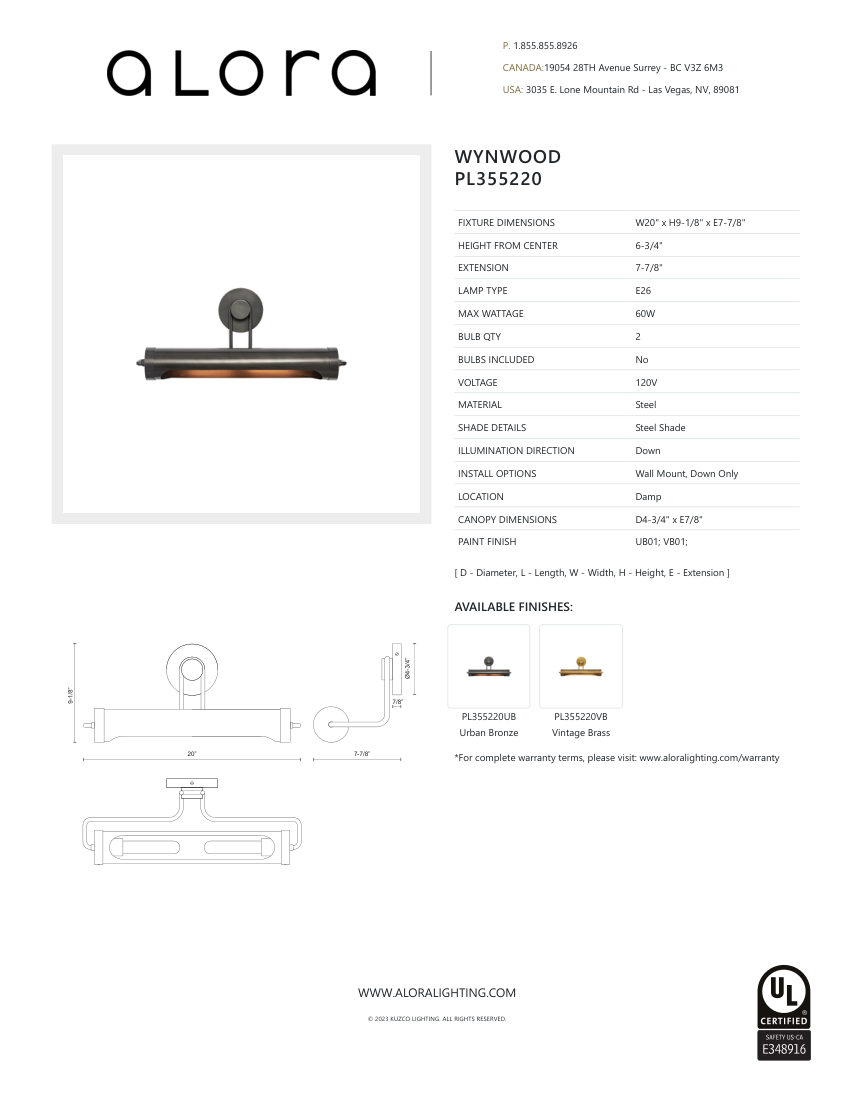 Kuzco Lighting PL355220UB cut sheet — first page