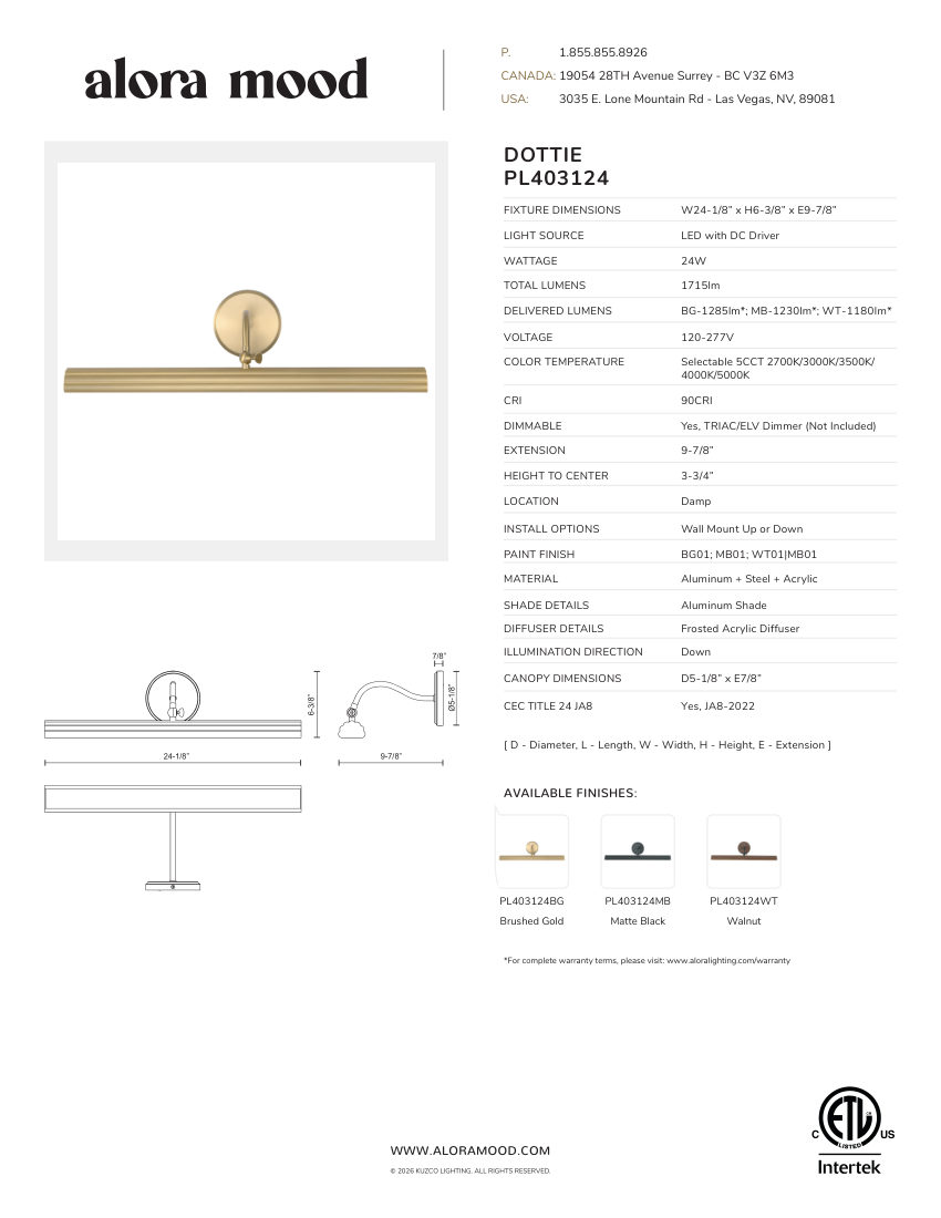 Kuzco Lighting PL403124BG cut sheet — first page