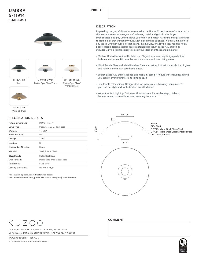 Kuzco Lighting SF11914-BK cut sheet — first page