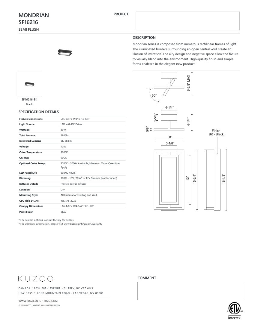 Kuzco Lighting SF16216-BK cut sheet — first page