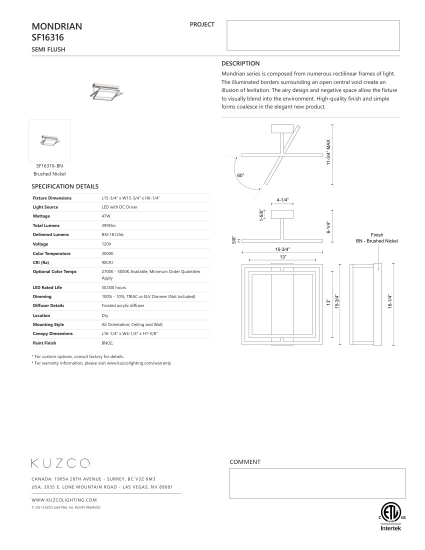 Kuzco Lighting SF16316-BN cut sheet — first page
