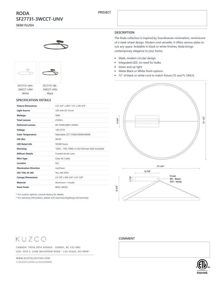 Kuzco Lighting SF27731-WH-3WCCT-UNV cut sheet — first page
