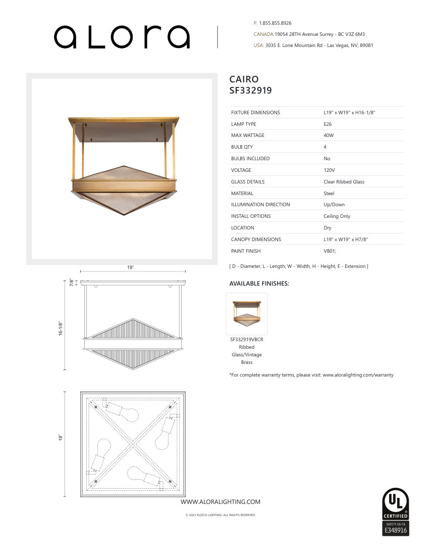 Kuzco Lighting SF332919VBCR cut sheet — first page