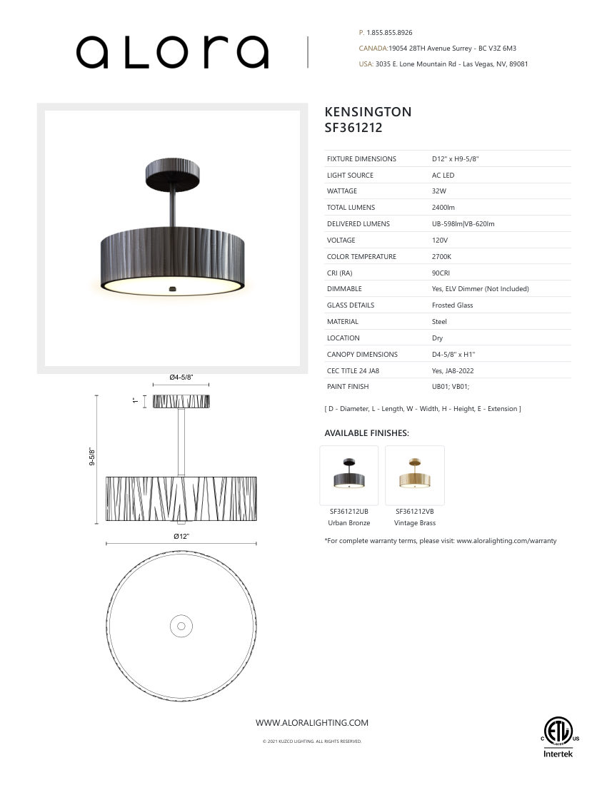 Kuzco Lighting SF361212VB cut sheet — first page